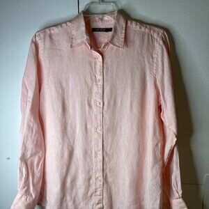 Ralph Lauren Women's Large Shirt Blouse Linen Pink Button Up Roll Tab Sleeve